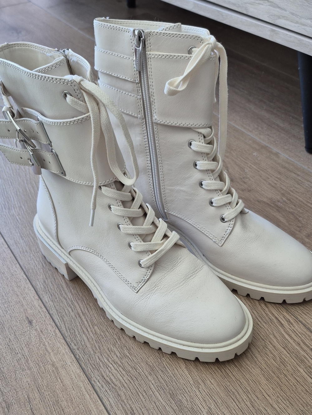 Vince Camuto Off-White Lace-Up Combat Boots with Buckle